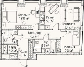 Планировка: 3-к, 71,1 м²