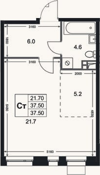 Планировка: Студия, 37,5 м²