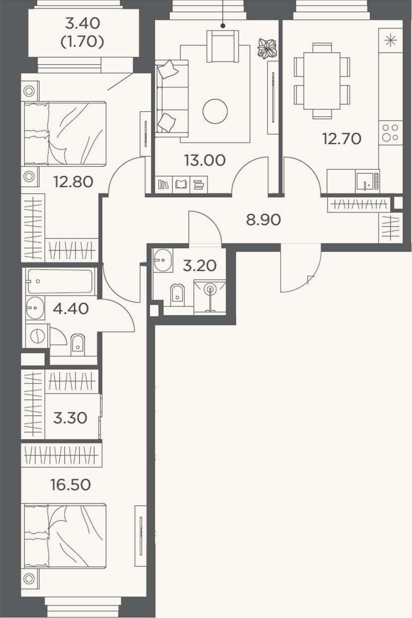 Планировка: 3-к, 74,9 м²