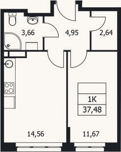 Планировка: 1-к, 37,5 м²