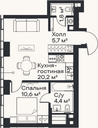 Планировка: 2-к, 42,7 м²