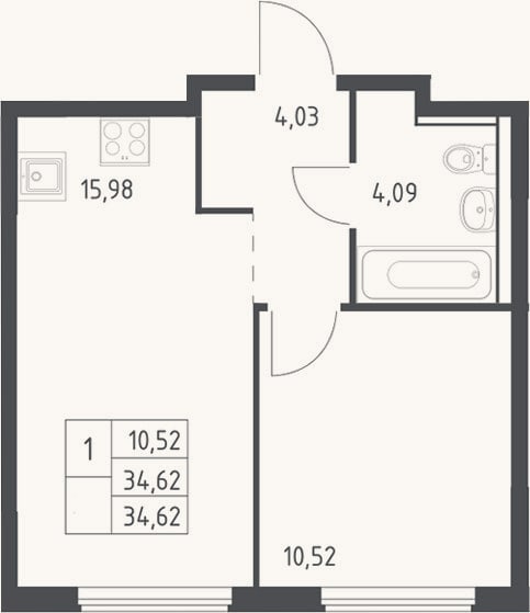 Планировка: 2-к, 34,6 м²