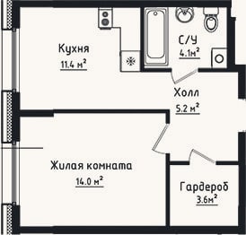 Планировка: 1-к, 38,3 м²