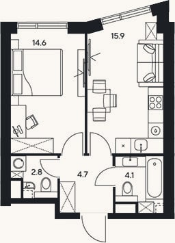 Планировка: 1-к, 42,1 м²