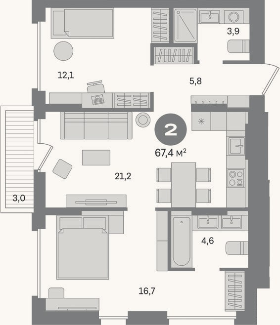 Планировка: 2-к, 64,4 м²