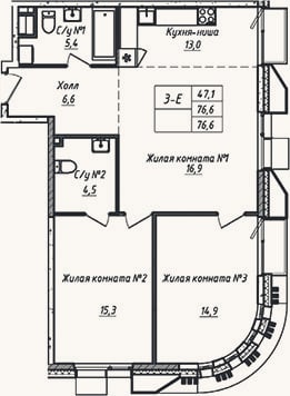 Планировка: 3-к, 76,6 м²