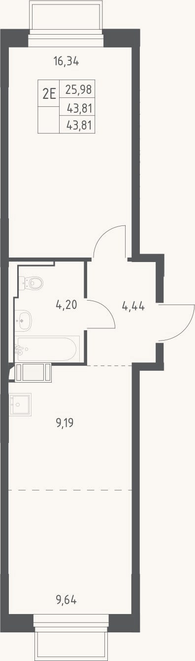Планировка: 2-к, 43,8 м²