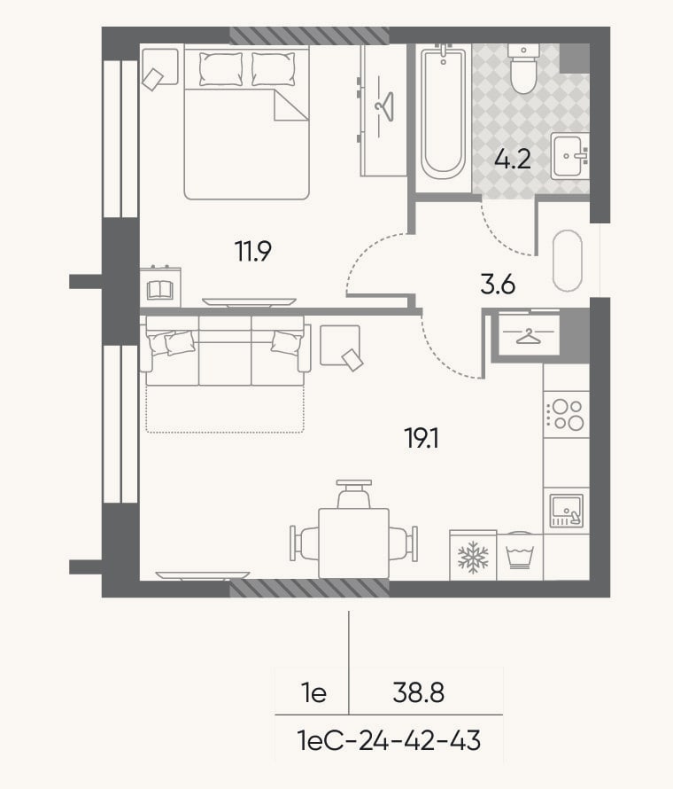Планировка: 2-к, 38,8 м²