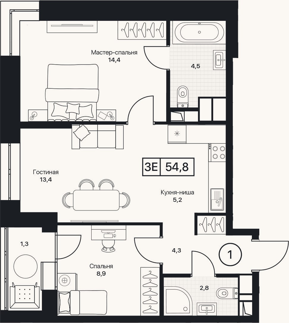 Планировка: 3-к, 53,5 м²