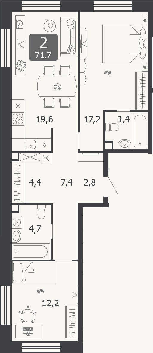 Планировка: 3-к, 71,7 м²