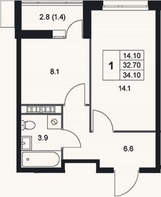 Планировка: 1-к, 32,7 м²