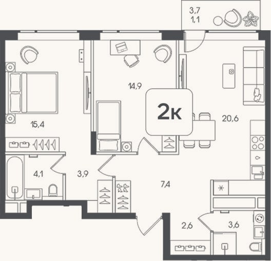 Планировка: 2-к, 72,5 м²
