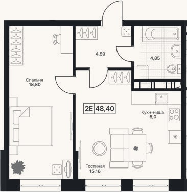 Планировка: 2-к, 48,4 м²