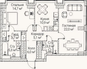 Планировка: 2-к, 70,7 м²