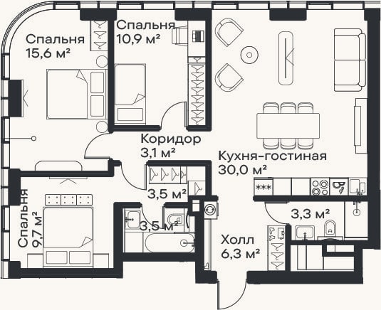 Планировка: 4+ к, 85,9 м²