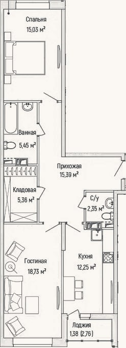 Планировка: 2-к, 73,2 м²