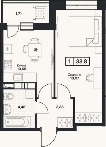 Планировка: 1-к, 37,1 м²