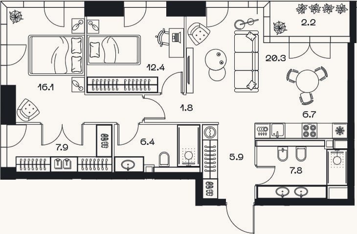 Планировка: 3-к, 85,7 м²