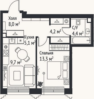 Планировка: 2-к, 44,7 м²
