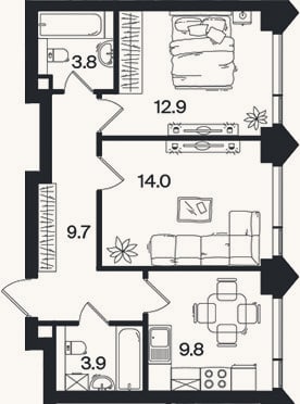 Планировка: 2-к, 54,1 м²