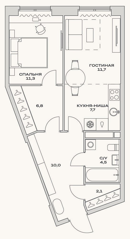 Планировка: 2-к, 55,7 м²