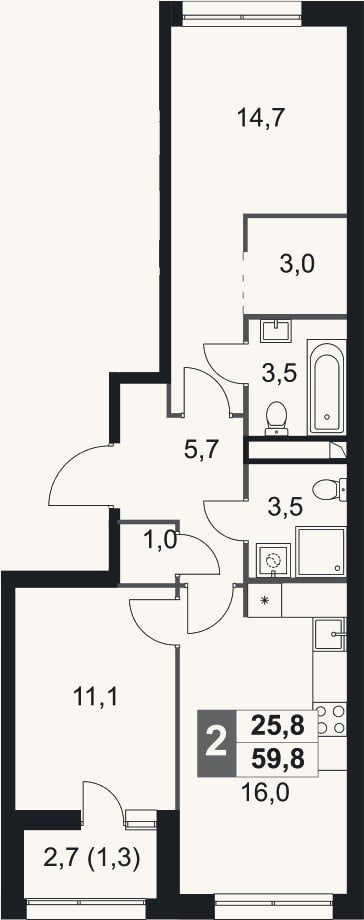 Планировка: 3-к, 58,5 м²