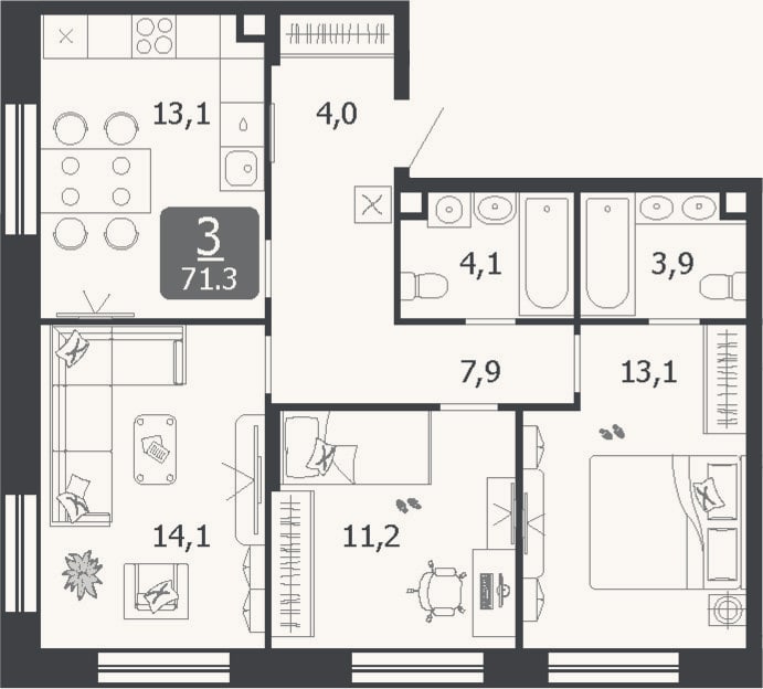 Планировка: 3-к, 71,3 м²
