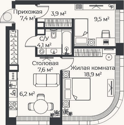 Планировка: 3-к, 57,6 м²