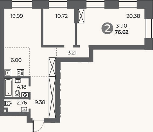 Планировка: 2-к, 76,6 м²