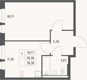 Планировка: 1-к, 38,4 м²