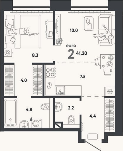 Планировка: 2-к, 41,2 м²
