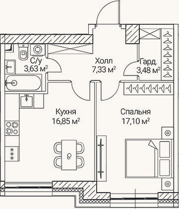 Планировка: 1-к, 48,4 м²