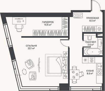 Планировка: 1-к, 53,4 м²