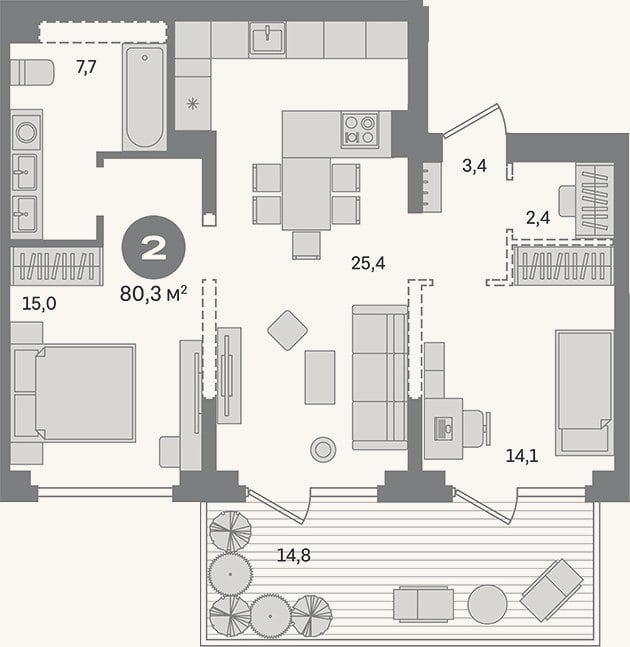 Планировка: 2-к, 65,5 м²