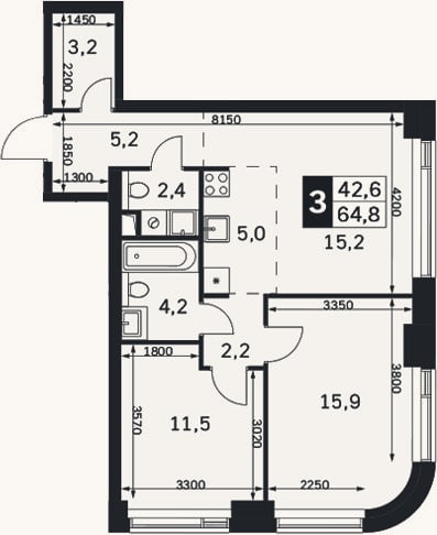 Планировка: 3-к, 64,8 м²
