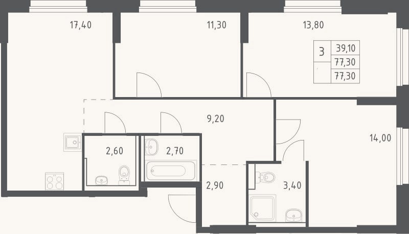 Планировка: 4+ к, 77,3 м²