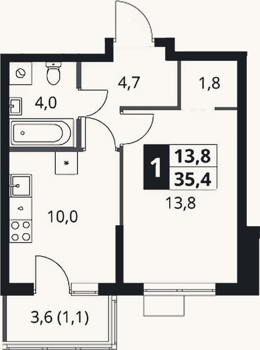 Планировка: 1-к, 34,3 м²