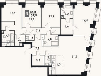 Планировка: 4+ к, 137,9 м²