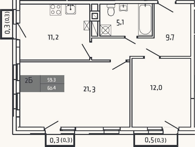 Планировка: 2-к, 59,3 м²
