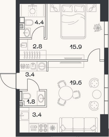 Планировка: 2-к, 51,8 м²