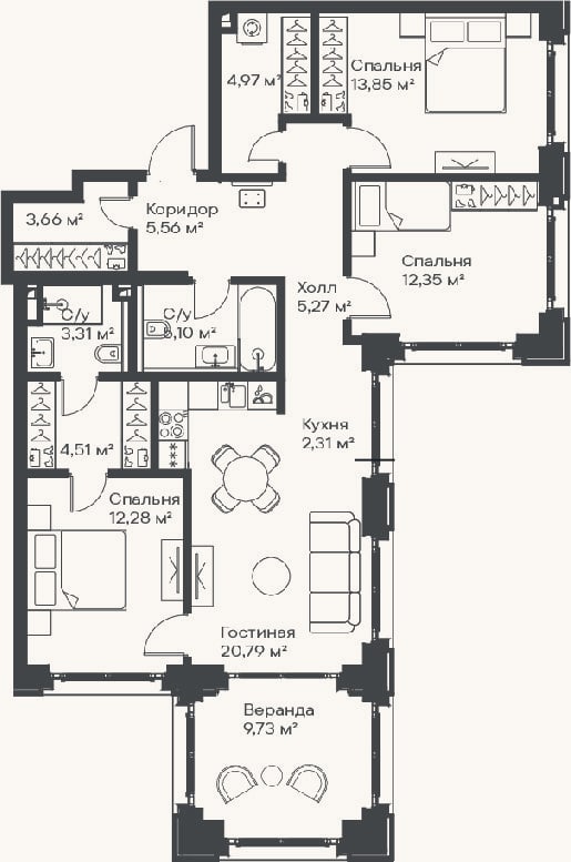 Планировка: 4+ к, 94 м²