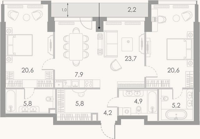 Планировка: 3-к, 98,7 м²