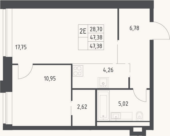 Планировка: 2-к, 47,4 м²