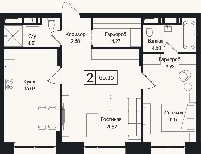 Планировка: 2-к, 66,4 м²