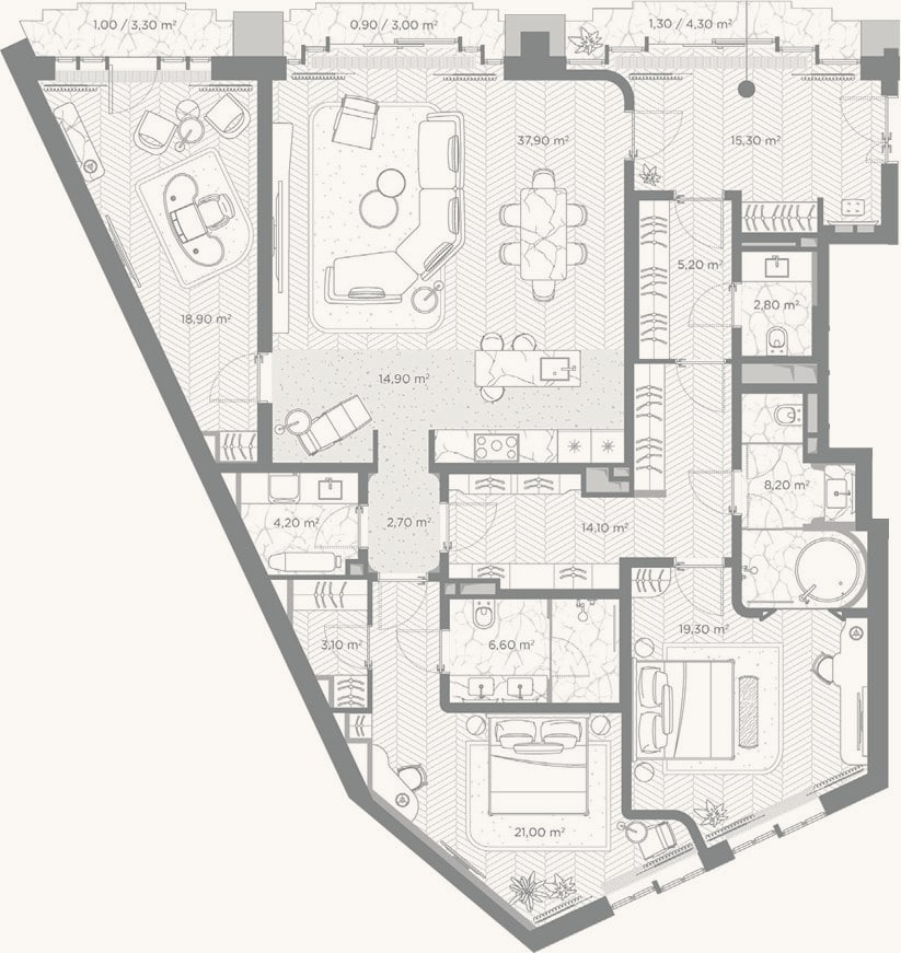 Планировка: 3-к, 174,2 м²
