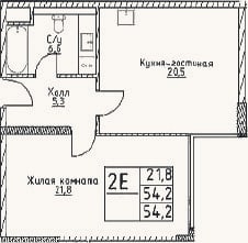 Планировка: 2-к, 54,2 м²