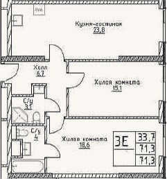 Планировка: 3-к, 71,3 м²