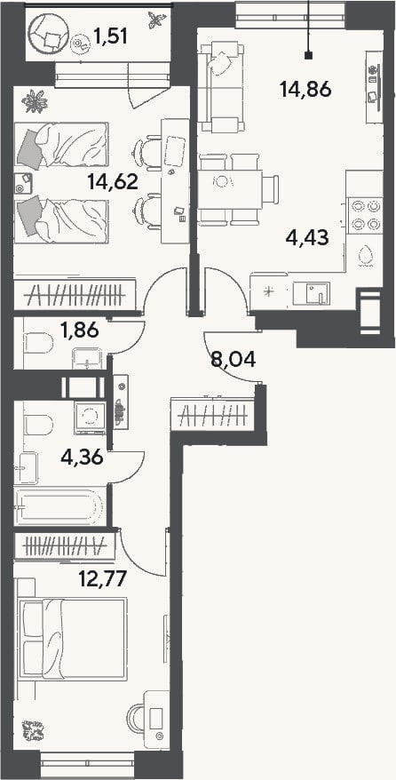 Планировка: 3-к, 60,9 м²