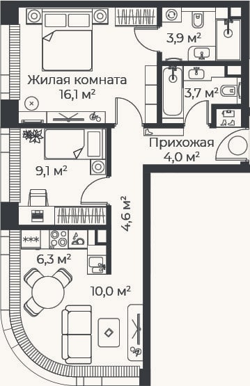 Планировка: 3-к, 57,6 м²