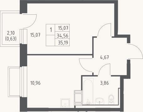Планировка: 1-к, 34,6 м²